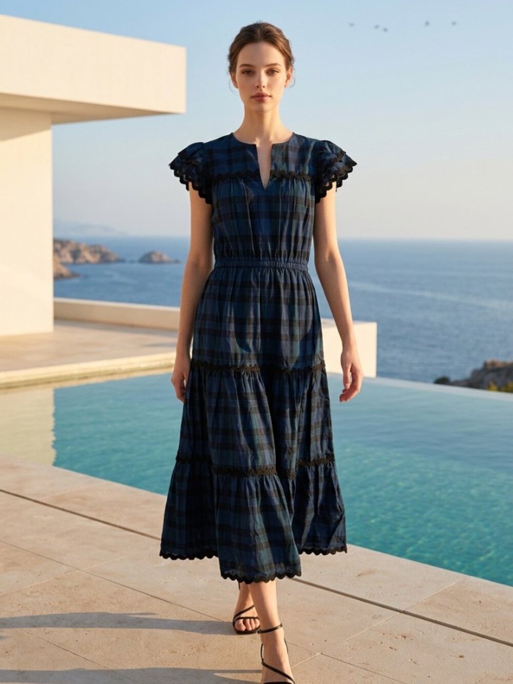 NWT STS Sail to Sable Blackwatch Plaid Cotton Tiered Maxi Dress Size S